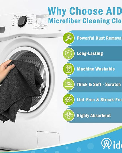 AIDEA Microfiber Cleaning Cloth-8PK, Soft Microfiber Towels for Cars, Absorbent Cleaning Rags, Lint-Free Streak-Free Wash Cloths for House, Kitchen, Window(12in.x16in), Black