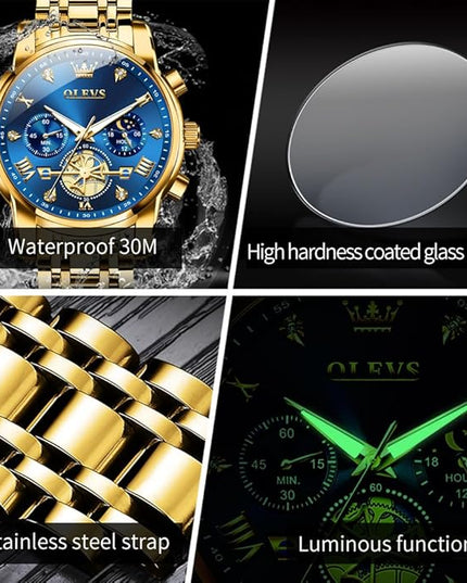 OLEVS Mens Watches Chronograph Watch Luxury Dress Stainless Steel Waterproof Watches for Men Moon Phase Luminous Business Calendar Wrist Watch Blue/Black/Green/Gold/Face