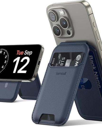 Lamicall Upgraded 2.3oz Light for Magsafe Wallet Stand - Slim Phone 3 Cards Holder, Adjustable Leather Apple iPhone Wallet Stand, Magnetic for iPhone 17/16/15/14 Series, Not for Mini, Dark Blue