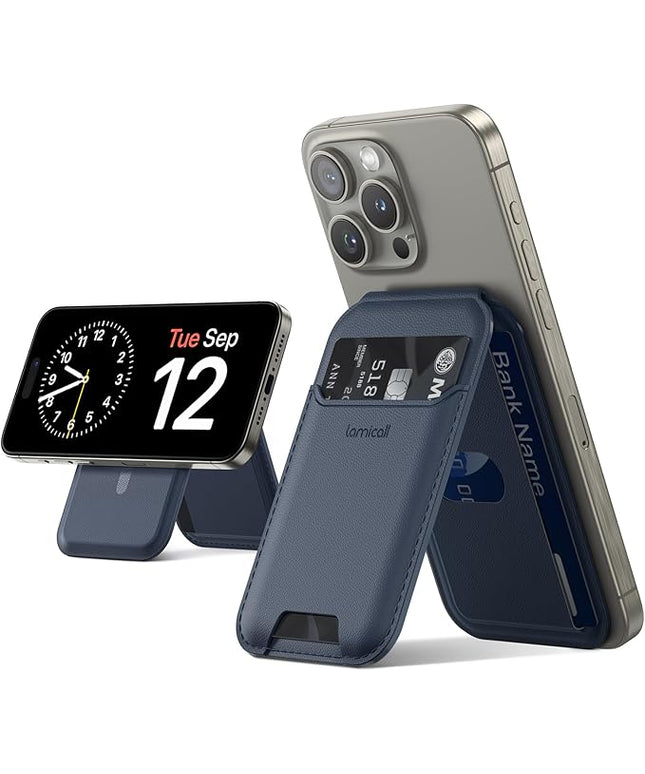 Lamicall Upgraded 2.3oz Light for Magsafe Wallet Stand - Slim Phone 3 Cards Holder, Adjustable Leather Apple iPhone Wallet Stand, Magnetic for iPhone 17/16/15/14 Series, Not for Mini, Dark Blue