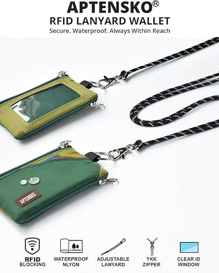 RFID Travel Wallet with Adjustable Lanyard-Zipper Small Wallet with ID Card Holder, Keychain for women&men-Minimalist Slim Waterproof Nylon case for ID, Cash, Key (ForestGreen+OliveGreen)