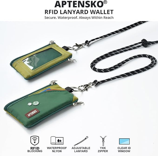 RFID Travel Wallet with Adjustable Lanyard-Zipper Small Wallet with ID Card Holder, Keychain for women&men-Minimalist Slim Waterproof Nylon case for ID, Cash, Key (ForestGreen+OliveGreen)