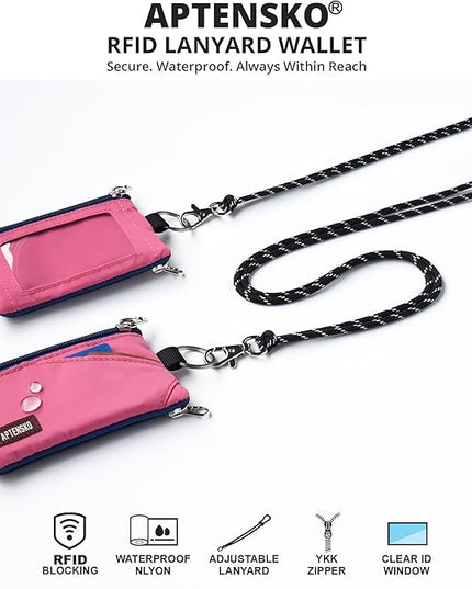 RFID Travel Wallet with Adjustable Lanyard-Zipper Small Wallet with ID Card Holder, Keychain for women&men-Minimalist Slim Waterproof Nylon case for ID, Cash, Key (Rose Pink)