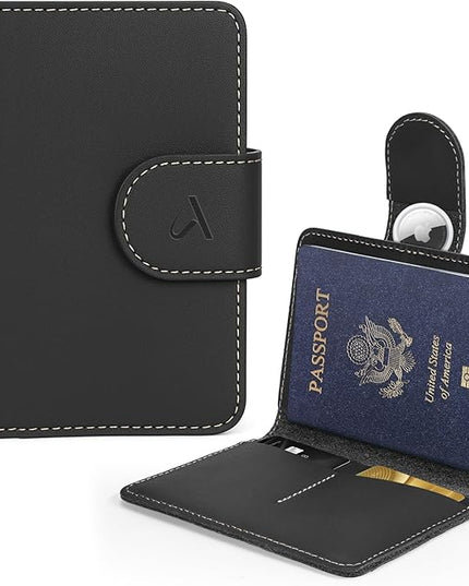 ALLIVE Passport Holder for Travel, Genuine Leather Passport Holder with AirTag Hidden Pocket, Rfid Blocking Passport Cover Travel Wallet for Women Men, Airport Essentials Gift (Black)