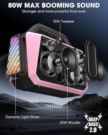 Wireless Bluetooth Speakers - Portable Speaker 80W Peak, 20H Playtime, Light Shows, Loud Speaker with Strong Bass, BT 5.3, TWS, IPX6 Waterproof for Home Travel Outdoor Beach Camping - Pink
