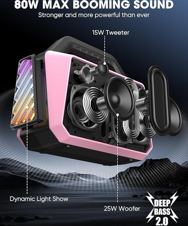 Wireless Bluetooth Speakers - Portable Speaker 80W Peak, 20H Playtime, Light Shows, Loud Speaker with Strong Bass, BT 5.3, TWS, IPX6 Waterproof for Home Travel Outdoor Beach Camping - Pink