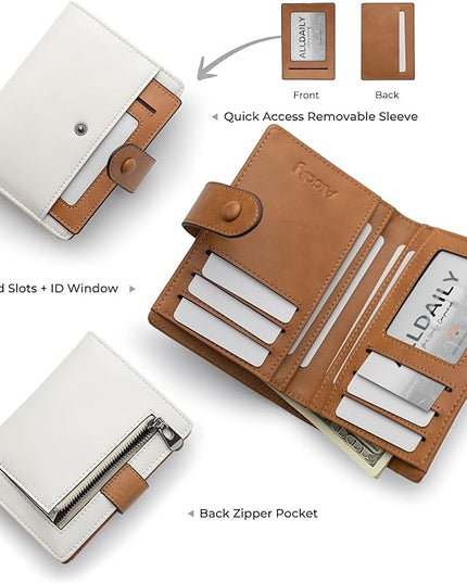 Alldaily Small RFID Blocking Leather Wallet for Women, Bifold with 10 Card Slots and Zipper Pocket (White&Brown)