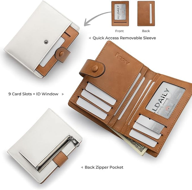 Alldaily Small RFID Blocking Leather Wallet for Women, Bifold with 10 Card Slots and Zipper Pocket (White&Brown)