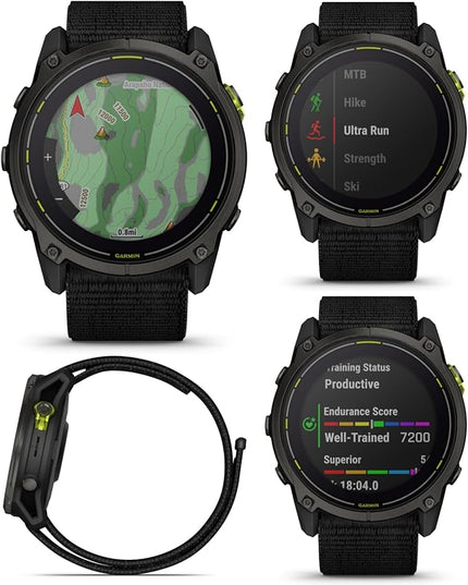 Wearable4U Garmin Enduro 3 – 51 mm, Solar, Sapphire, Ultraperformance GPS Smartwatch, Carbon Gray DLC Titanium with Black UltraFit Nylon Strap Black Earbuds Bundle