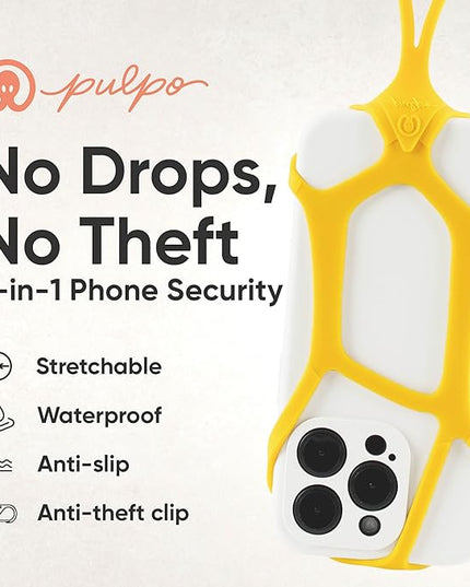 Pulpo Safety Cell Phone Lanyard Yellow Fits Smartphones 6.1" to 6.8” - Anti Theft Phone Strap for Men & Women, Lanyards for Phones, Hiking Phone Holder & Cellphone Lanyard,Silicone Crossbody Straps