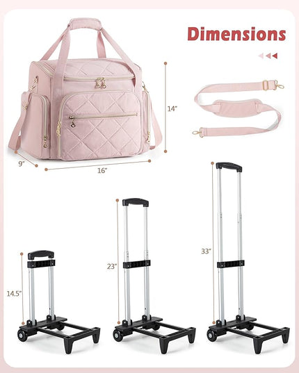 Rolling Teacher Bag with 15.6" Laptop Compartment, Wheeled Work Briefcase Tote with Detachable Trolley for Women, Pink