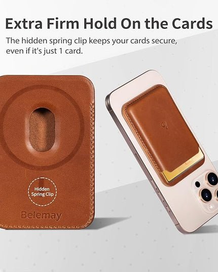 Belemay Strong Magnetic Wallet Compatible with Magsafe, Luxury Minimal Card Holder for 1-2 Cards, Premium Full-grain Smooth Leather Compatible with iPhone 17/16/15/14/13/12 series&MagSafe cases, Brown