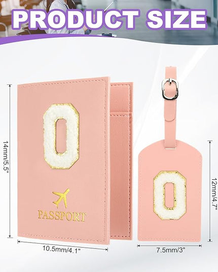 PATIKIL Passport Holder for Travel, Initial Passport Cover and Luggage Tag Set with Alphabet Chenille Letter Patch Travel Wallet Bag Suitcase Identifier for Women Family Travel Pink O