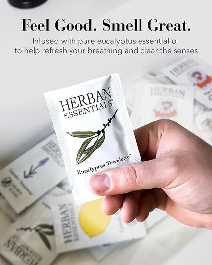 Herban Essentials - Eucalyptus Wipes & Towelettes - Essential Oil Wipes for Hands & Body - Travel Size Essentials and Toiletries - Natural, Individually Wrapped, Disposable & Moist Refresh (7 count)