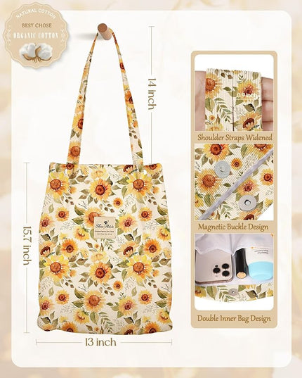 Aesthetic 2 Pack Corduroy Tote Bag - with Makeup Pouch Bag for Women Reusable Grocery Bag for Gym, Travel, Work