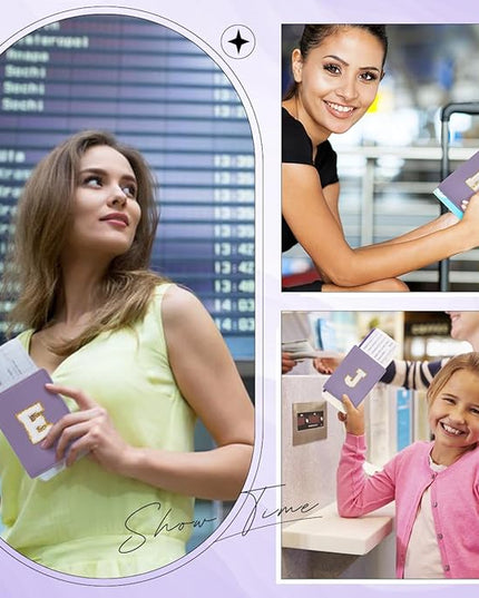 Initial Passport Cover Holder and Luggage tag Set,PU Leather Passport Case Travel Suitcase Tag with Letter Patch, Personalized Travel Luggage Accessories Gifts for Women Grils Teenage Purple Letter I