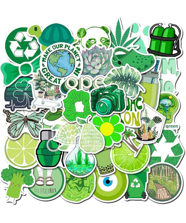 Girl's Colorful Aesthetic Stickers - Waterproof Cute Stickers 50 PCS for Water Bottle, Laptop, Phone - Teens & Kids (Green)