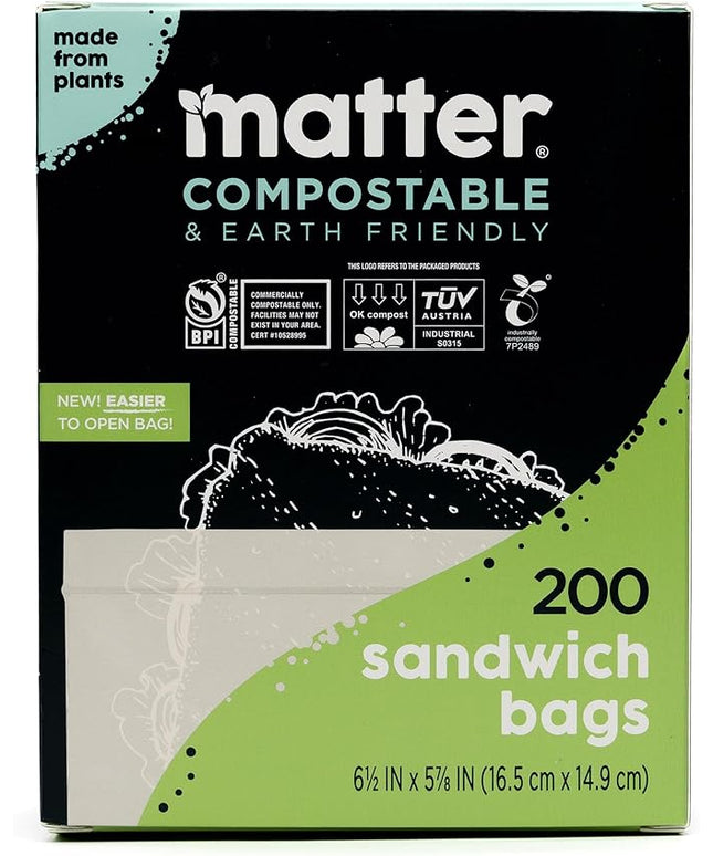 Matter Compostable Sandwich Bags for Food Storage, Eco-Friendly, Resealable, 200 Count