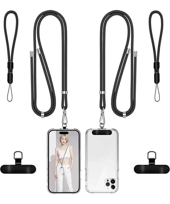 takyu Phone Lanyard, 2 Pack Adjustable CellPhone Lanyard Crossbody Neck Strap and 2 Pack Phone Wrist Strap with 2x Tether Metal Tabs for iPhone Android Smartphones-Black