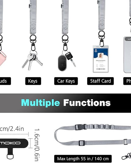 MoKo Universal Phone Lanyard, Nylon Adjustable Cell Phone Crossbody Strap Detachable Women & Men Cellphone Lanyards Around the Neck with Patches for iPhone, Most Smartphone, Dark Gray