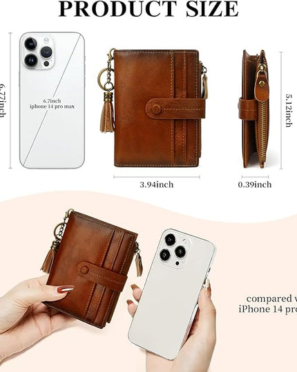 Blucoay Leather Wallet Women,RFID Blocking Small Wallets for Women Compact Bifold Wallet Card Holder With Zipper Coin Pocket Brown