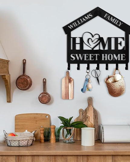 Kotagi Personalized Key Holder for Wall | Sweet Home Key Holder Wall Mounted | Black Metal Key Hanger Wall Decorative | Housewarming Gifts | Key Rack Organizer for Living Room, Bedroom, Entryway