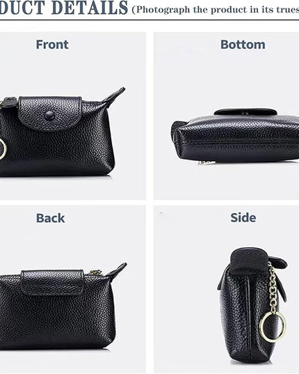Plinvo Vintage Genuine Leather Coin Purse Keychain for Women Mini Zip Wallet Change Pouch Black (Black)