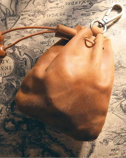Wugebud 1 Pcs Leather Mini Medieval Pouch Keychain, Coin Organizer, Change Holder, Leather Drawstring Pouch for Men & Women