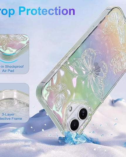 Cute Case for iPhone 16 Case for Women Girls, with 3D Butterflies Pattern Design, Aesthetic Clear Iridescent Glitter Kawaii Girly Rainbow Protective Phone Cover