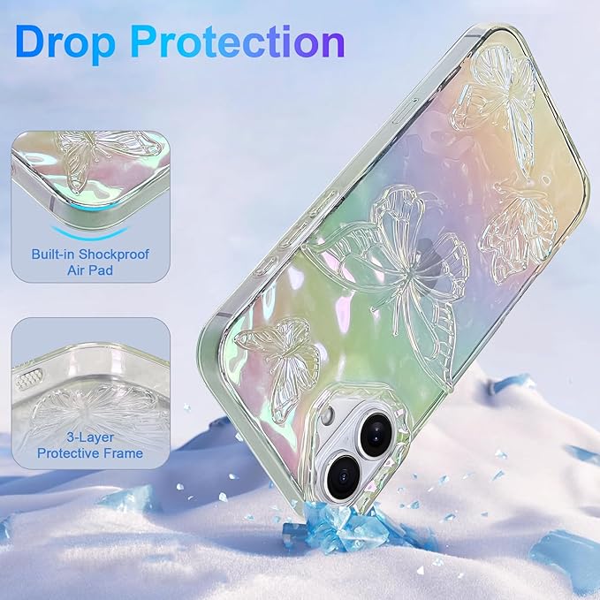 Cute Case for iPhone 16 Plus Case for Women Girls, with 3D Butterflies Pattern Design, Aesthetic Clear Iridescent Glitter Kawaii Girly Rainbow Protective Phone Cover