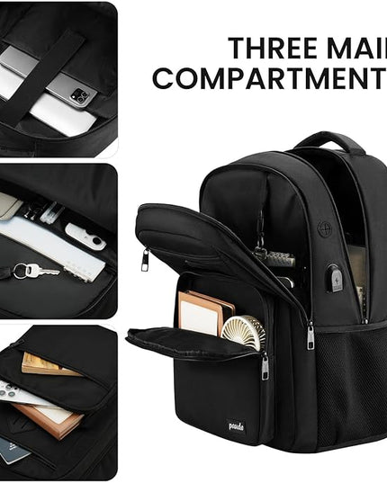 Paude Black Backpack,17.3 Inch School Backpack for Teens Adults Laptop Bookbag for High School College Students Back Pack for Work