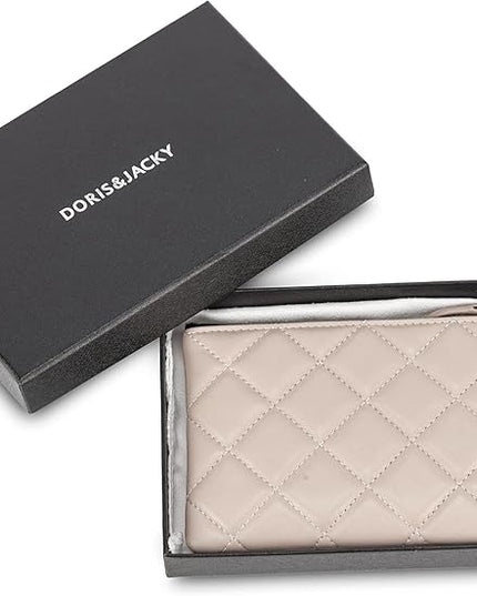 DORIS&JACKY Soft Lambskin Leather Coin Purse Small Quilted RFID Blocking Top Zipper Wallet With Key Chain