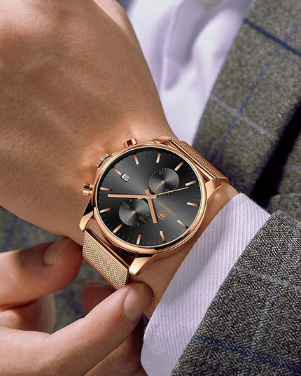 GOLDEN HOUR Mens Watch Fashion Sleek Minimalist Quartz Analog Mesh Stainless Steel Waterproof Chronograph Watches for Men with Auto Date