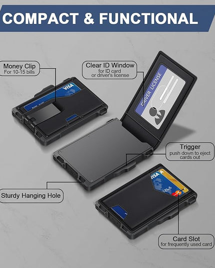GHUKY Wallet for Men, Minimalist Slim Mens Wallet with Money Clip, RFID Blocking Smart Pop Up Card Wallet with ID Window, Compact Bifold Wallet,Metal Aluminum Credit Card Holder