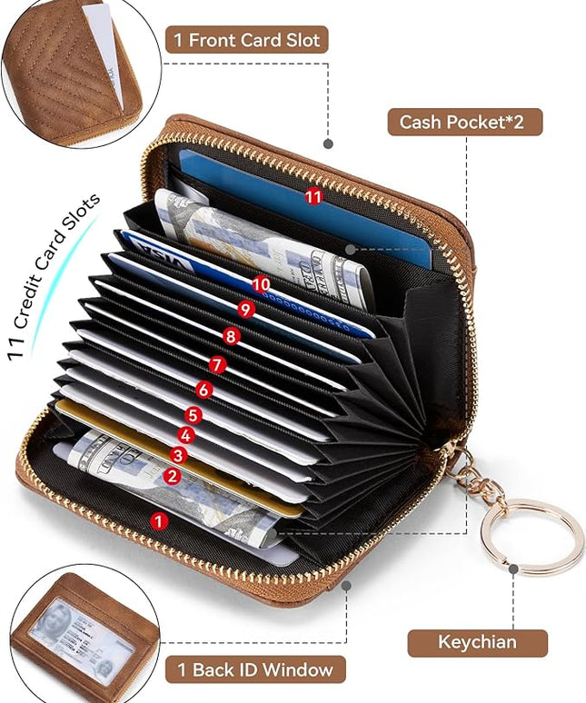 BOSTANTEN Credit Card Holder Wallet RFID Blocking Leather Small Wallet for Women Zipper Keychain Wallet with Wristlet Brown