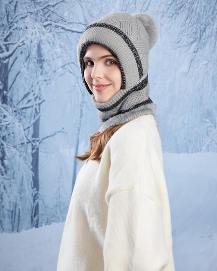 HUAMULAN Women Winter Beanie Hats One Piece Fleece Lined Knit Balaclavas Mask Set Skull Neck Circle Scarf Ski Snow Hat Pompom