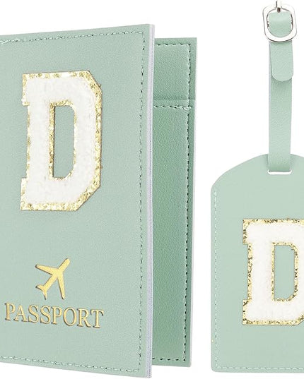PATIKIL Passport Holder for Travel, Initial Passport Cover and Luggage Tag Set with Alphabet Chenille Letter Patch Travel Wallet Bag Suitcase Identifier for Women Family Travel Green D