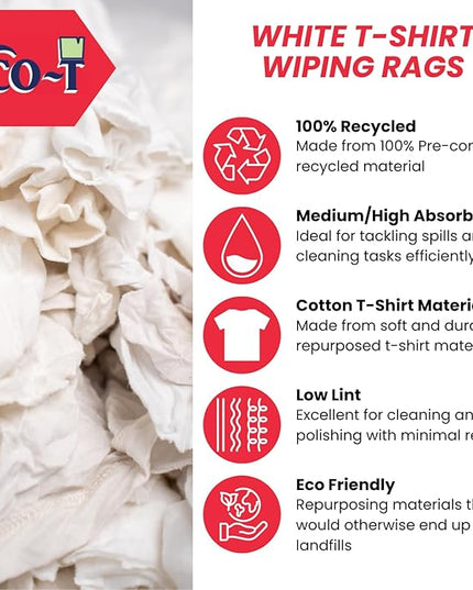 25Lb Box Eco-T Paint Rags - White T-Shirt Material, 100% Recycled, Eco-Friendly, High Absorbency, Low Lint, Low-Cost, Painting and Cleaning Cloth