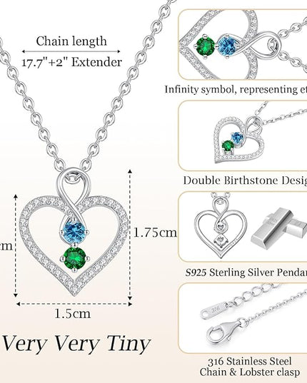 LOUISA SECRET Infinity Double Birthstone Necklace, 925 Sterling Silver Tiny Pendant Heart Necklace for Women Wife Her, Best Jewelry Gift Heart Jewelry Meaningful Gift for Valentine's Day, Christmas, Birthday Anniversary