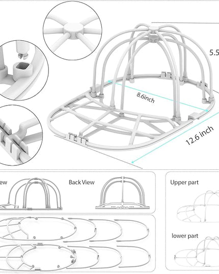 YEENOR Hat Washer Cage for Washing Machine - Baseball Cap Cleaner Rack, Ball Cap Washing, Dishwasher Safe, Perfect for Cleaning and Protecting Hats in Dishwasher (White 2Pack (Assembly))