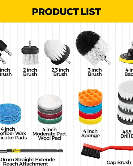 Holikme 22Pack Drill Brush Attachments Set, Scrub Pads & Sponge, Buffing Pads, Power Scrubber Brush, Car Polishing Pad Kit,Wax Applicator Pad,Car Cleaning Kit,Cleaning Supplies,Masonry Brushes,White