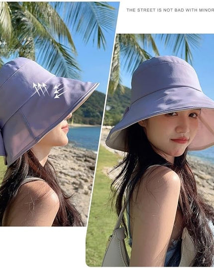 Womens Wide Brim Sun Hats UPF50+ UV Packable Beach Hat Summer Bow Decoration Bucket Cap for Travel