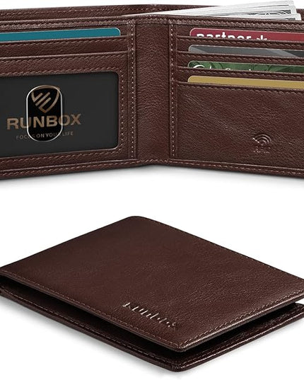 RUNBOX Wallet for Men Slim Leather Bifold RFID Blocking Minimalist Front Pocket Design with Gift Box