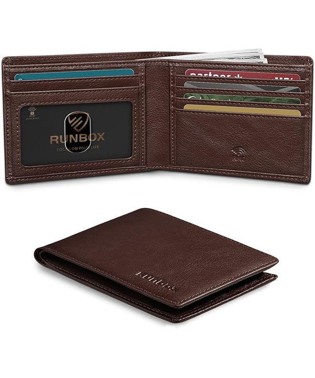 RUNBOX Wallet for Men Slim Leather Bifold RFID Blocking Minimalist Front Pocket Design with Gift Box