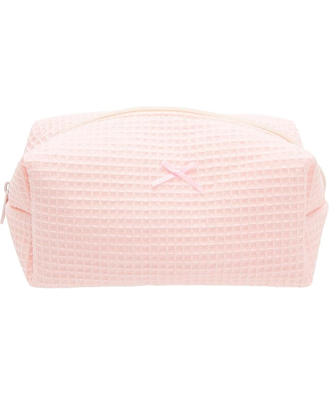 Cozy Makeup Bag Travel Cosmetic Bag for Women Soft Toiletry Bag Aesthetic Makeup Organizer Portable Large Zipper Pouch for Skincare Beauty Accessories Brushes Waffle Check Light Pink