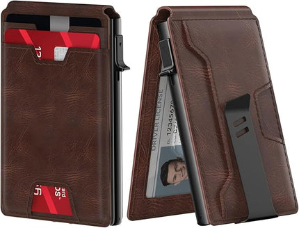 typecase Mens Wallet Card Holder: Pop Up Card Case, Genuine Leather, Smart, RFID Blocking, Slim, Minimalist, Thin, Front Pocket - 9-13 Card Capacitiy | ID Window | Money Clip (Brown)