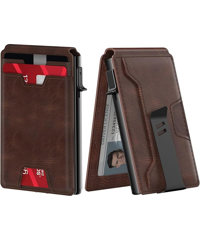 typecase Mens Wallet Card Holder: Pop Up Card Case, Genuine Leather, Smart, RFID Blocking, Slim, Minimalist, Thin, Front Pocket - 9-13 Card Capacitiy | ID Window | Money Clip (Brown)