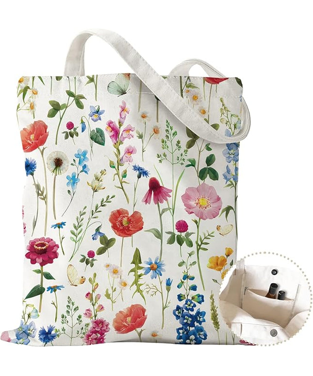 Aesthetic Canvas Tote Bag with Zipper Pockets & Snaps for Women,Reusable Shopping Grocery Bags Gifts -Work, Gym
