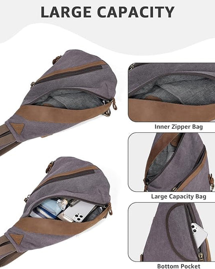 KL928 Canvas Sling Bag for Men Women, Genuine Leather Design Shoulder Crossbody Bags Backpacks Travel Daypack with Earphone Hole Rucksack, Dark Grey