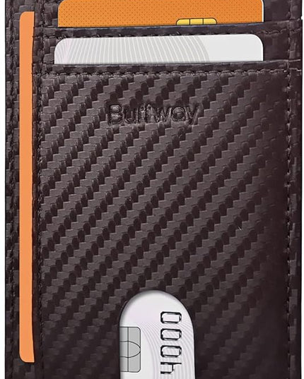 Buffway Slim Minimalist Front Pocket RFID Blocking Leather Wallets for Men and Women - Carbon Fiber Coffee
